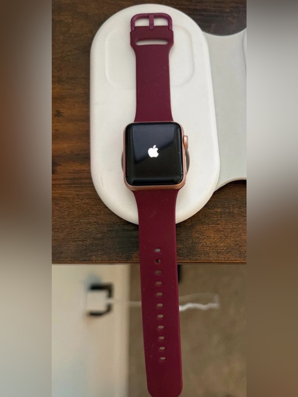 Apple Smartwatch with Rose Gold Case and Burgundy Silicone Band - Series 3